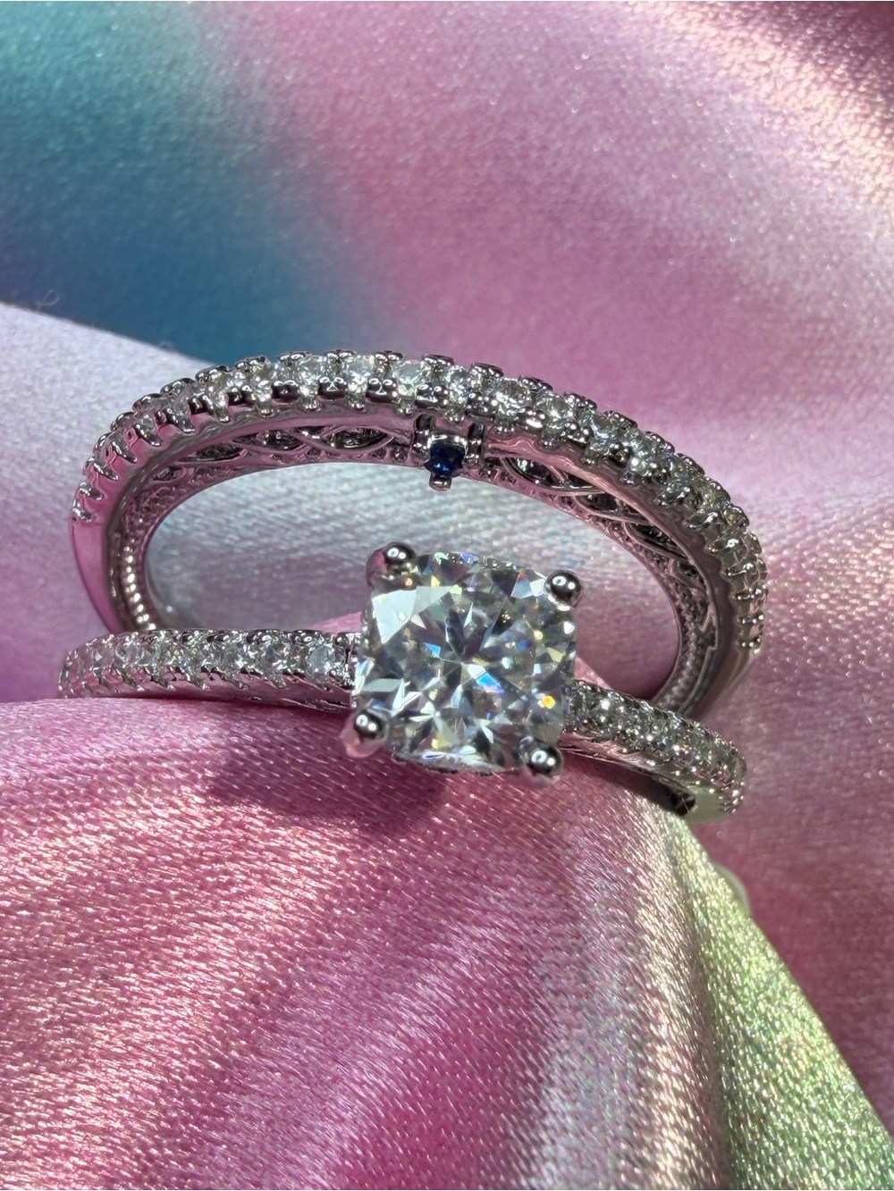 New 1 Carat Intricate Cut Moissanite Ring Set Pave’ Details Special Blue Stones